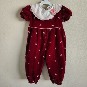 Red Velvet Baby Romper with Floral Embroidery